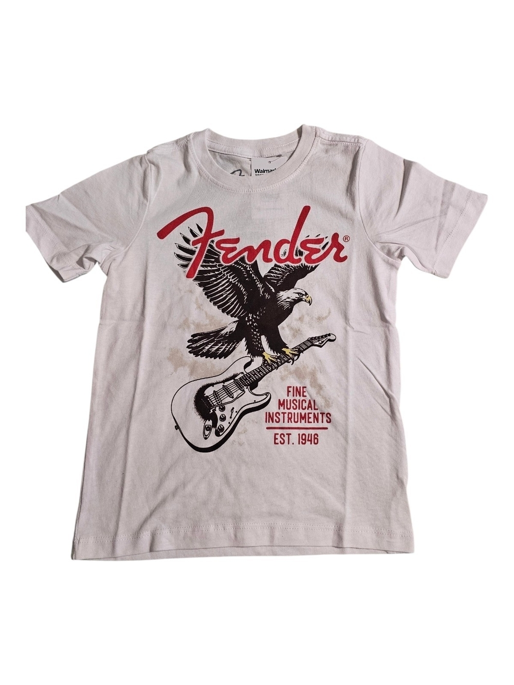 Fender White Kids Tee with Red Logo & Black Eagle Guitar Graphic